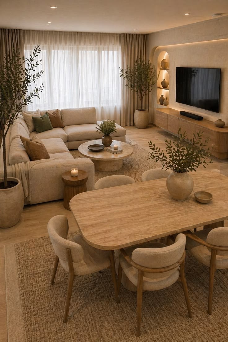 Sala japandi moderna em tons de areia e madeira clara